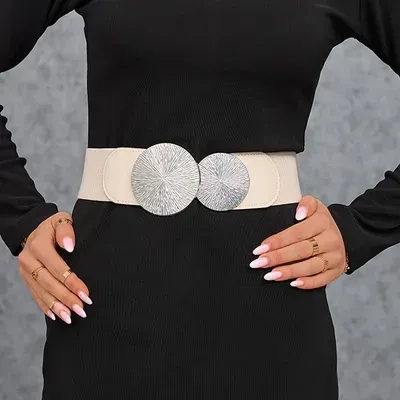 Cureaua elastica de dama bej cu catarama argintie - Accesorii