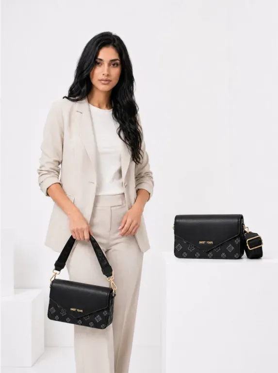 Geantă neagră cu model floral și fermoar auriu