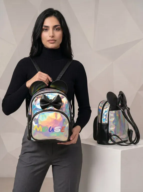 Rucsac holografic cu urechi decorative și fundă neagră